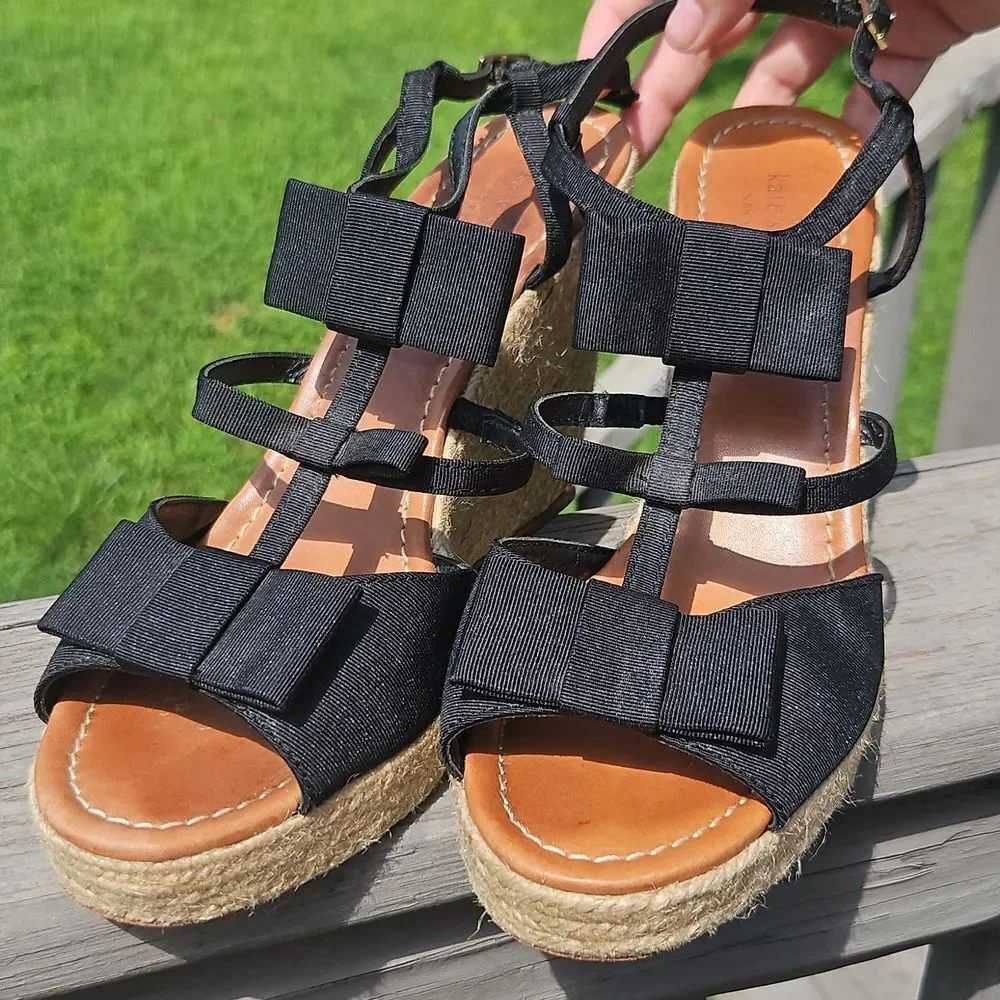 Kate Spade Black Bow Espadrille Wedge Sandals Size 11